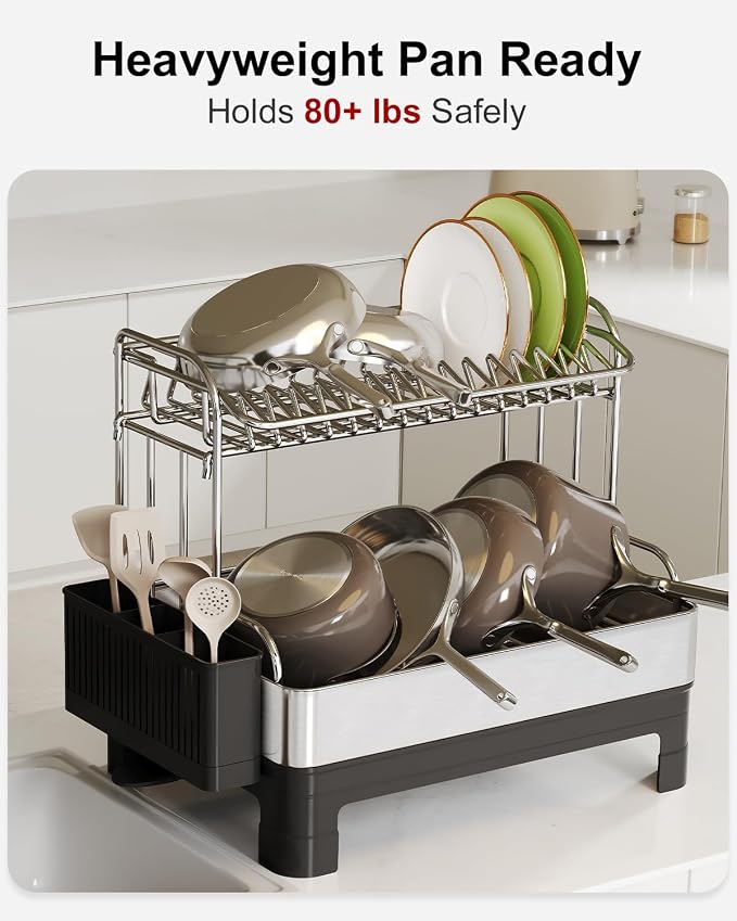 2 Tier Large Stainless Steel Dish Drying Rack with Drain Board | Space Saving, Rust Proof Metal, Automatic Drainage Drainer for Kitchen Counter, Modern Black and Silver for Pots and Pans