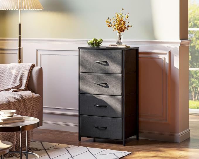 AODK Small Dresser for Bedroom with 4 Storage Drawers, Dark Grey | Dressers Chest of Drawers Fabric Dresser with Sturdy Steel Frame, Dressers for Closet with Wood Top