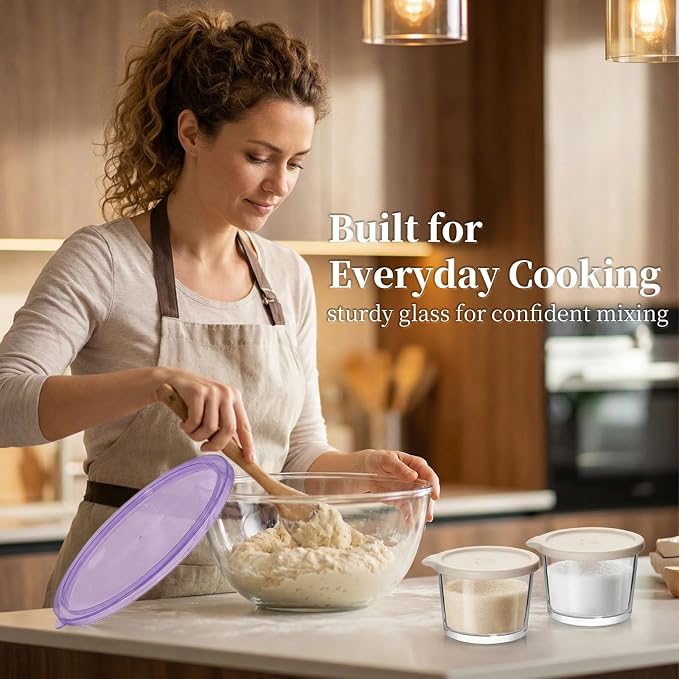 Large Glass Bowl for Sourdough Bread Making with Lid, 5Quart Deep Big Glass Bowl Large Salad Bowl with 8oz Small Bowls(Purple)