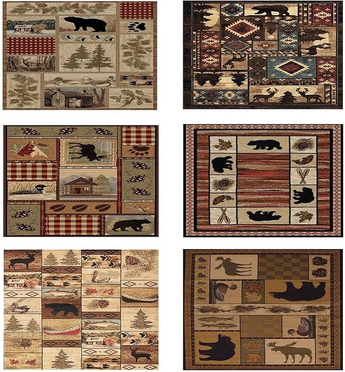 Cabin Moose Deer Rugs 6x9 Feet Lodge Bear Fish Indoor Print Area Rug for Living Room Bedroom Non-Slip Western Bear Deerlet Entryway Mat