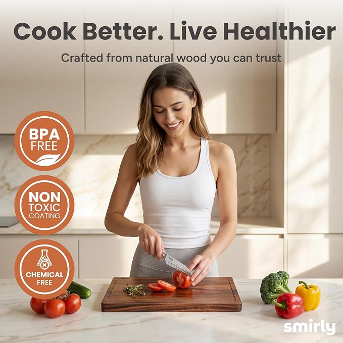 SMIRLY Cutting Boards for Kitchen, 3 Piece Walnut Cutting Board with Stand | Non Toxic Walnut Wood Cutting Board with Juice Grooves and Handles, Multiple Sizes Wooden Chopping Board for Meal Prep