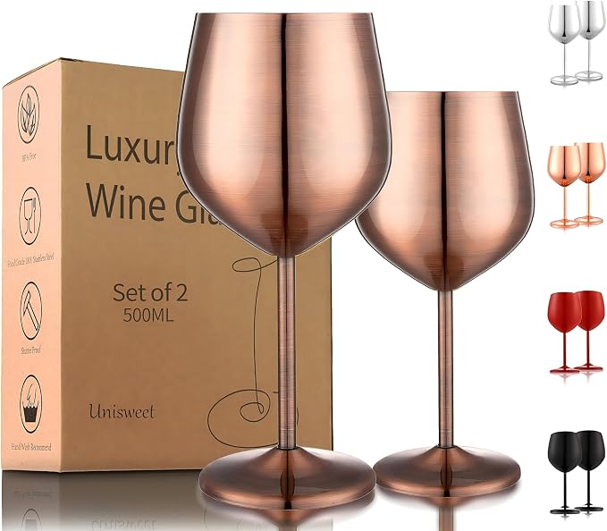 UNISWEET Unbreakable Stainless Steel Wine Glasses Set of 2, Red Copper | 17oz Unique Fancy Metal Wine Goblets, Shatterproof, Ideal for Outdoor, Camping, Travel, Pool, Great Gift for Wine Lovers