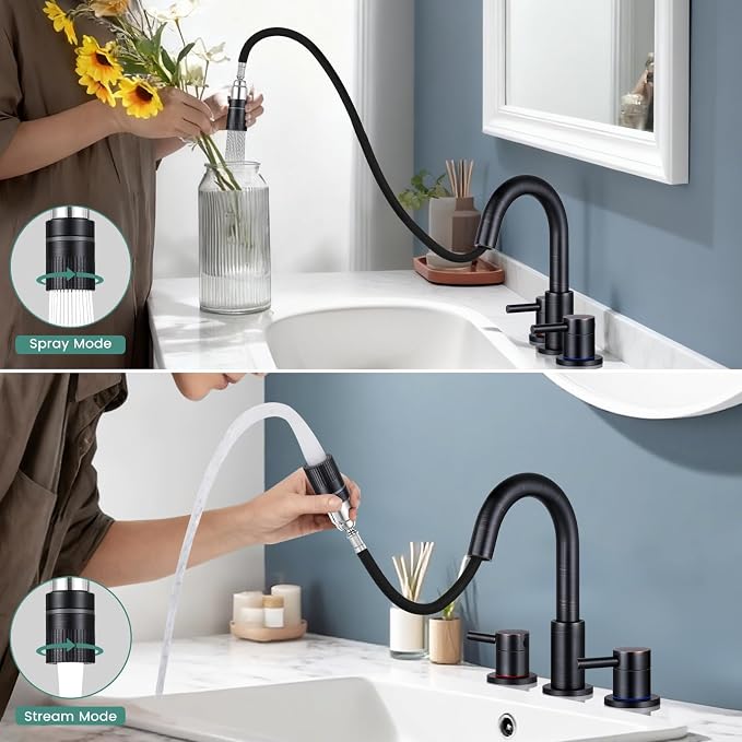 Oil Rubbed Bronze Bathroom Faucet 3 Hole with Pull Out Sprayer, Bathroom Sink Faucet with Pop Up Drain, 8 inch Widespread Faucet with 360° Swivel Spout, 2 Handle Vanity Faucet