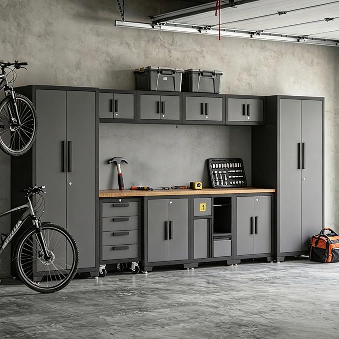 Torin Garage Storage Cabinets System, 12-Pcs Workshop Cabinet Set in Black | Trash Can Cabinet and Steel Cabinets Drawers Rolling Chest, Locked Storage Cabinet, Perfect for Organizing Garage and Tools