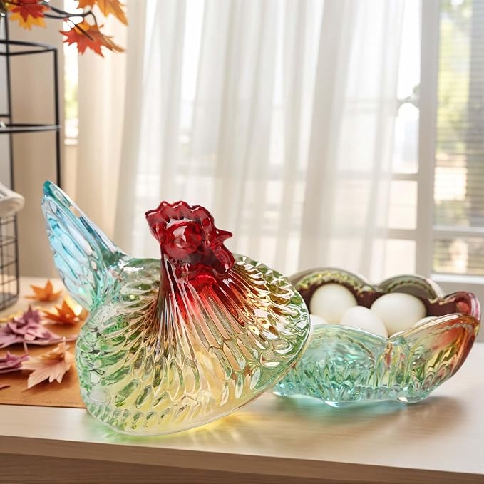 Hen-Shaped Crystal Glass Candy Dish,Pastoral Style Candy Bowl with Lid,Muti-Color Tabletop Dessert Plate Snack Bowl Egg Tray