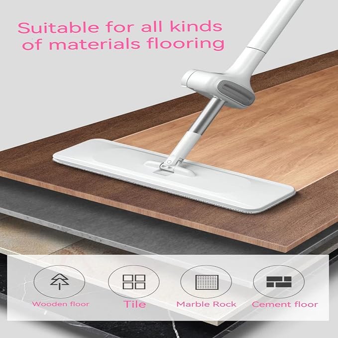 360 Hands-Free Self Wringing Floor Cleaning Mop, Flat Mop, White | Microfiber mop pads, 6 reusable washable pieces, easy hand wash. Ideal for floors & window cleaning