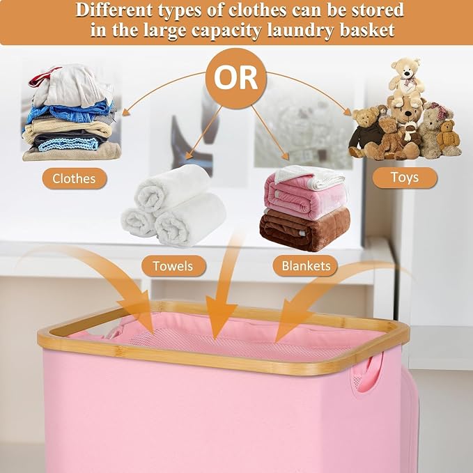 iEGrow Laundry Hamper, Narrow Laundry Basket with Lid,Foldable Clothes Hamper with Bamboo Handles,Hamper Basket with Removable Inner Bag for Laundry Room Bedroom College Dorm (Pink, 110L with Wheels)