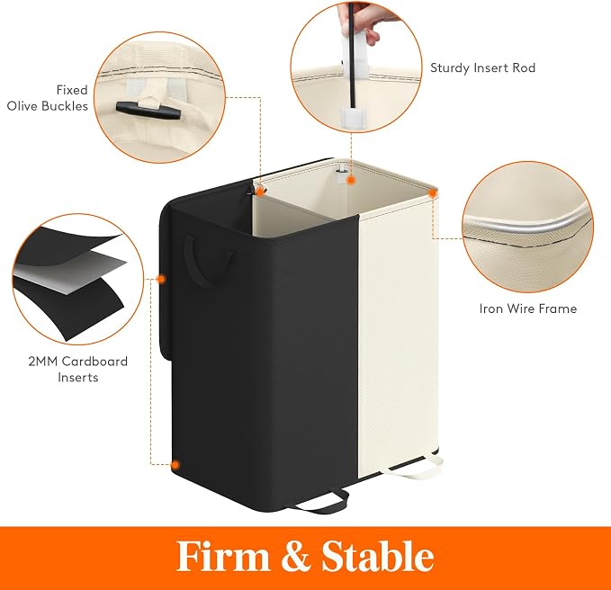 Lifewit Double Laundry Hamper with Lid and Removable Laundry Bags, Large Collapsible 2 Dividers Dirty Clothes Basket with Handles for Bedroom Laundry Room Closet Bathroom College, 155L White&Black