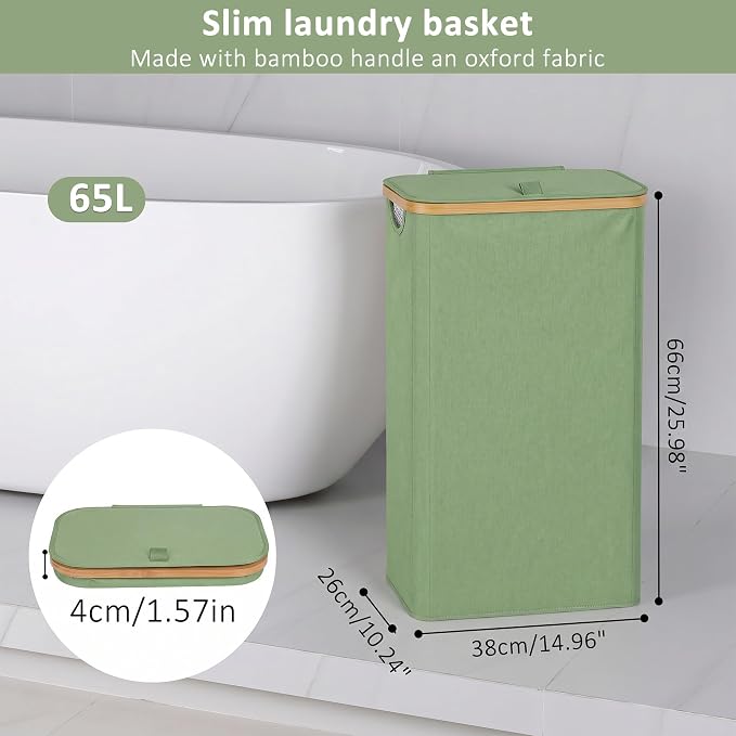 iEGrow 65L Slim Laundry Hamper, Narrow Laundry Basket with Lid,Foldable Clothes Hamper with Bamboo Frame,Hamper Basket with Removable Inner Bag for Laundry Room Bedroom College Dorm,17.17 Gals Green