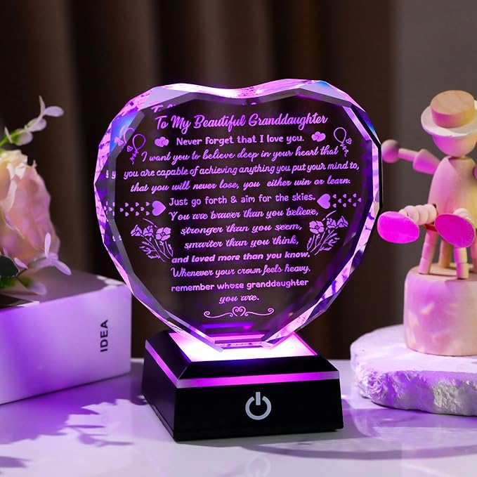 Arikyrist Gifts for Granddaughter Mothers Day Granddaughter Gifts from Grandma - Crystal Heart Plaque with LED Base Meaningful Granddaughter Presents on Birthday Graduation Wedding Christmas