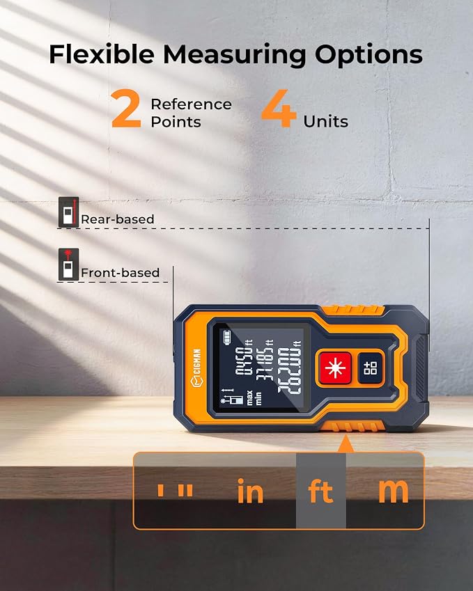 Laser Measuring Tool 262Ft, CIGMAN Pocket-Size Digital Laser Tape Measure, Mini Rechargeable Laser Measure with High Accuracy, 4 Units Ft/Ft+in/in/M, Backlit LCD, Length/Area/Volume/Pythagorean Mode