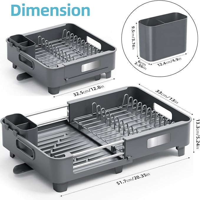 TOOLF Extendable Dish Drying Rack for Small Kitchen Counter, Gray | 12.8-20.35 in, Unique Stainless Steel Design, Auto-Drainage, Perfect for Small Kitchens & Busy Kitchens