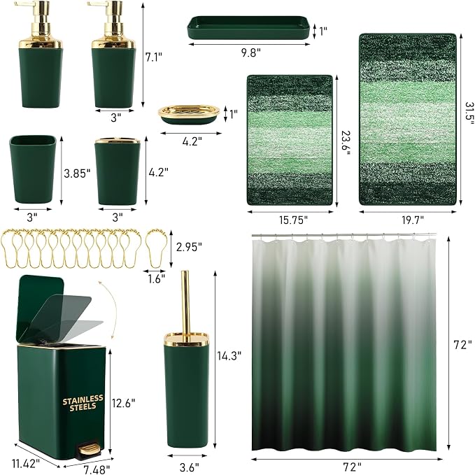Bathroom Sets with Shower Curtain and Rugs Bathroom Accessories Set Dark Green Bathroom Set,Soap Dispenser & Toilet Brush Holder Set with Stainless Steel Trash Can(23 PCS)