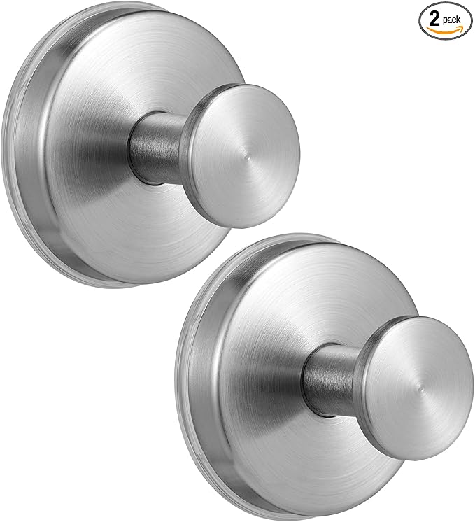 Large 15lb Suction Cup Hooks for Shower, No-Drill Bathroom Towel Hooks for Robes, Loofah, Removable Mountable on Glass, Tile, Mirrors, Smooth Non-Porous Surfaces (2, Brushed Nickel)