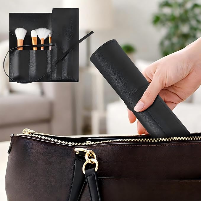 Kacctyen Black Leather Makeup Brush Roll, Full Grain Leather Organizer with 8 Brush Slots, Travel-friendly Cosmetic Tool Holder for Makeup Artists & Beauty Enthusiasts