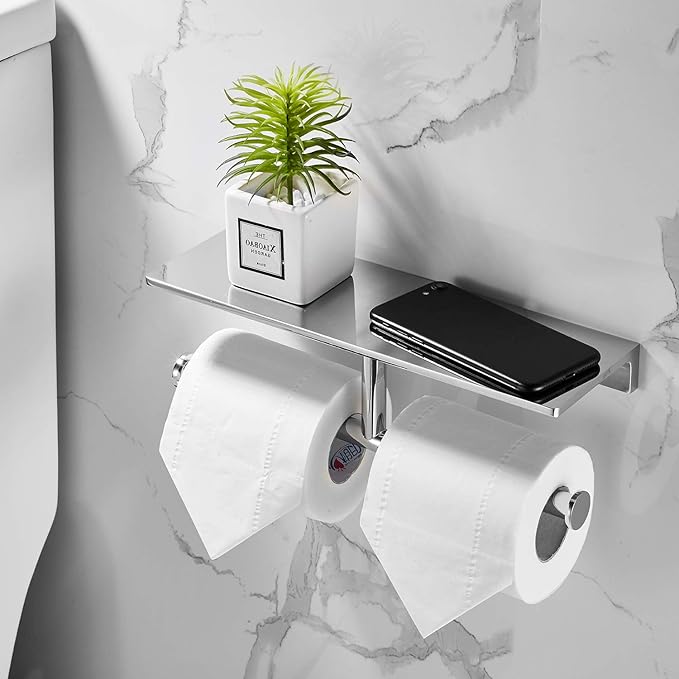 Double Toilet Roll Paper Holder Bathroom Solid Brass and Superior Hotel Style Wall Mount Tissue Roll Holder with Storage Shelf Bright Chrome Finished