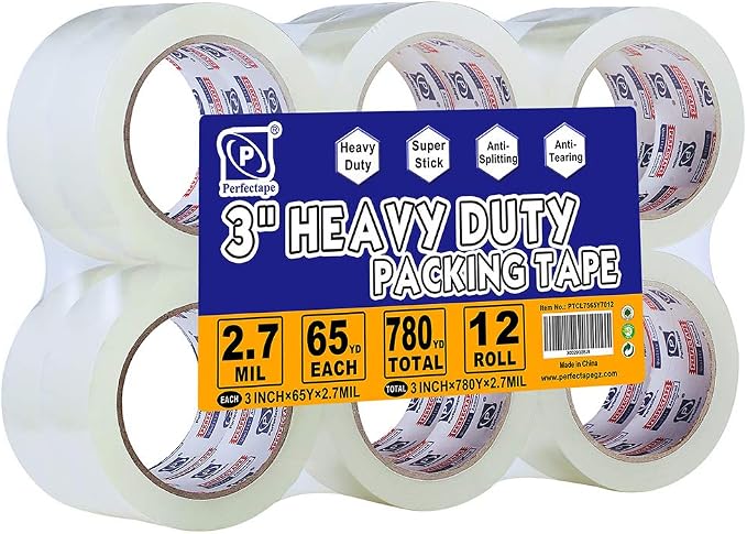 PERFECTAPE 3" Heavy Duty Packing Tape 13 Rolls with Tape Gun, Total 780Y, Clear, 2.7 mil, 3 inch x 65 Yards, Ultra Strong, Refill for Packaging and Shipping