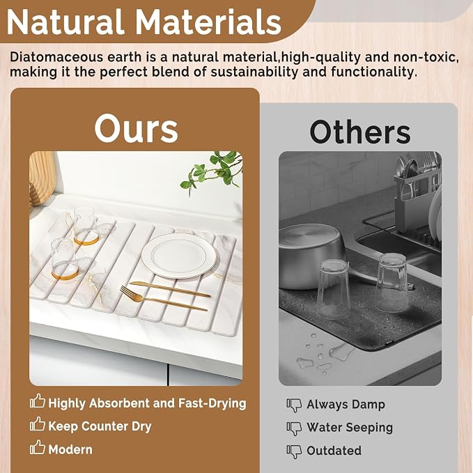 Large Stone Dish Drying Mat for Kitchen Counter,Quick Dry Stone Dishes Mats,Marbled Water Absorbing Diatomaceous Earth Drying Pad for Countertop Bottles Utensils Cups(Yellow White 24"x16"&8"x4")