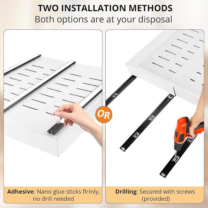 DOMNIU 2 Pack Pull Out Cabinet Organizers Expandable Width (12.4''-20.27''), Upgrade 3 Slide Rails Sliding Drawer for Kitchen Cabinet Organizer with Adhesive Nano Film, White