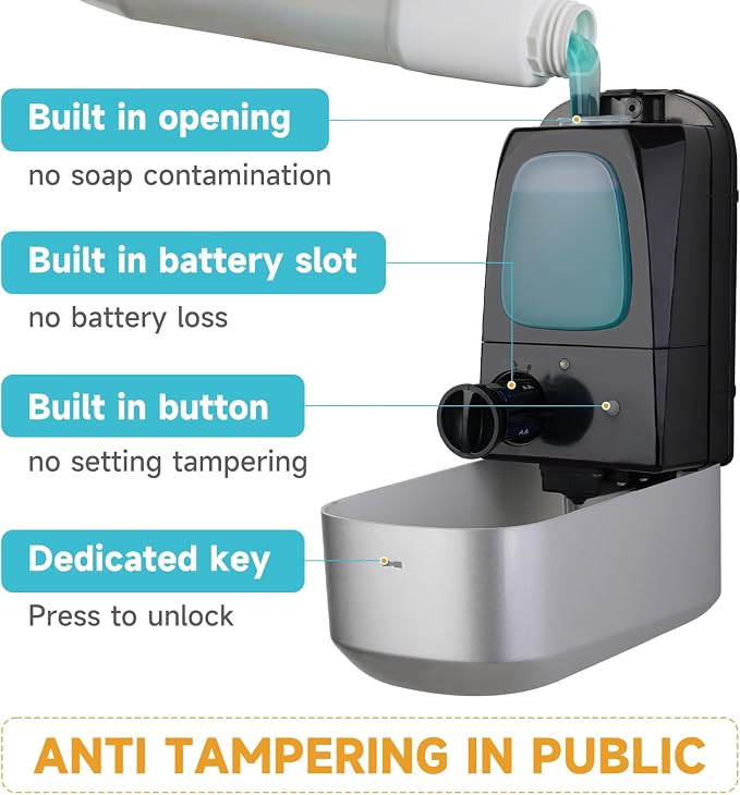 AIKE Liquid Automatic Soap Dispenser,33.8oz Capacity for Bathroom,Silver | 5-Level Adjustable and Savety Key for Commercial(4*AA Batteries Not Included),Screw Wall Mount for Space-Saving,AK1226S