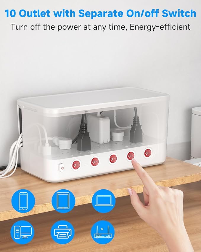 Surge Protector Power Strip with Cable Management Box,Cord Organizer Box with 10 Outlets and 3 USB Ports,Individual Switches,6 ft Flat Plug Extension Cord,Under-Desk and Desk Wire Storage Hider,White
