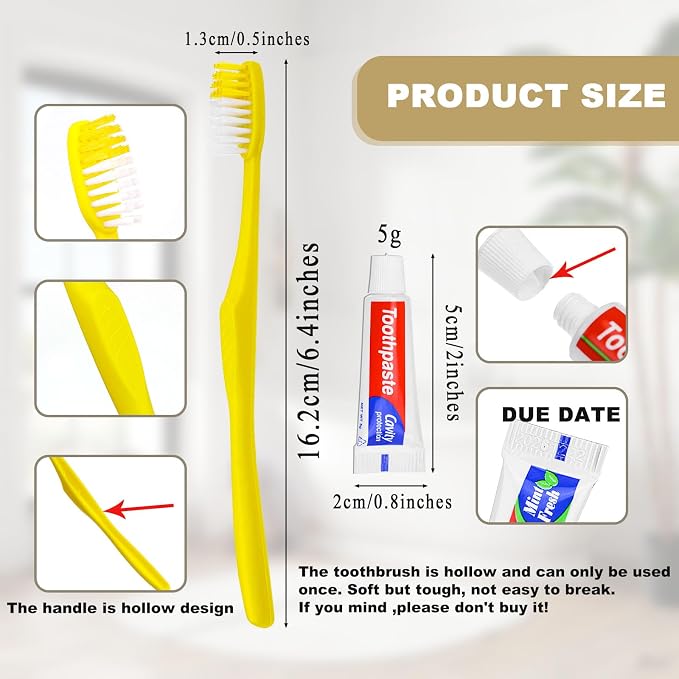 Disposable Toothbrushes with Toothpaste,50 Pack Yellow Hollow | Individually Wrapped Disposable Travel Toothbrushes Kit in Bulk for Homeless,Nursing Home,Hotel,Charity