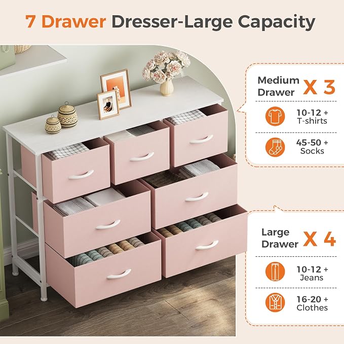Sweetcrispy 7 Drawer Dresser with Fabric Bins, Fabric Storage Tower Organizer for Bedroom, Closet, Hallway, Entryway, Tall Chest of Drawers with Steel Frame, Wood Top, Large Storage, Pink