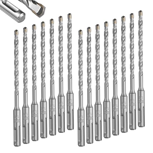 GEINXURN 15 PCS 1/4” x 6" Double Thread Rotary Hammer Drill Bits, Masonry Drill Bits Tool Set Carbide Tipped, Drilling in Brick, Stone and Concrete, Cement Walls