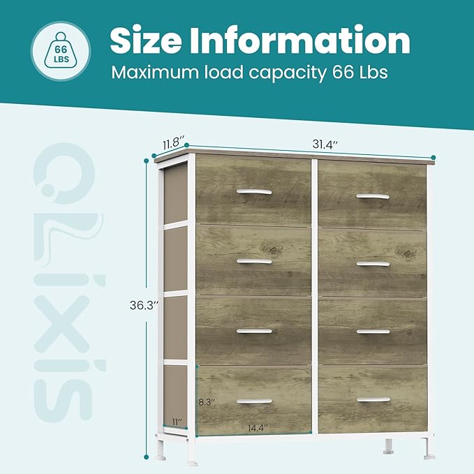 OLIXIS 8 Drawer Storage Dresser with Wood Top - Wide Fabric Chest Organizer for Bedroom, Closet, Living Room,Tower Cabinet, TV Stand, Hallway Entryway Furniture,Oak Greige