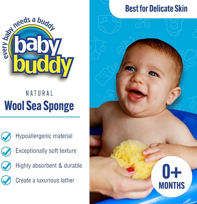 Baby Buddy Absorbent Natural Bath Sponge, Ultra Soft Premium Sea Wool Sponge, Soft On Baby's Tender Skin, Bath Accessories Baby and Kids, Infant Bath, Biodegradable, Hypoallergenic, 4 Pack, 4.5 in