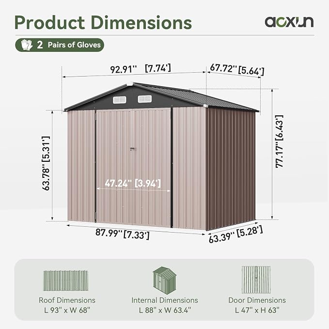 Aoxun 8x6 FT Shed Outdoor Storage Shed, Brown | Metal Shed with Lockable Doors & Slooping Roof Garden Tool Shed for Backyard, Patio, Poolside
