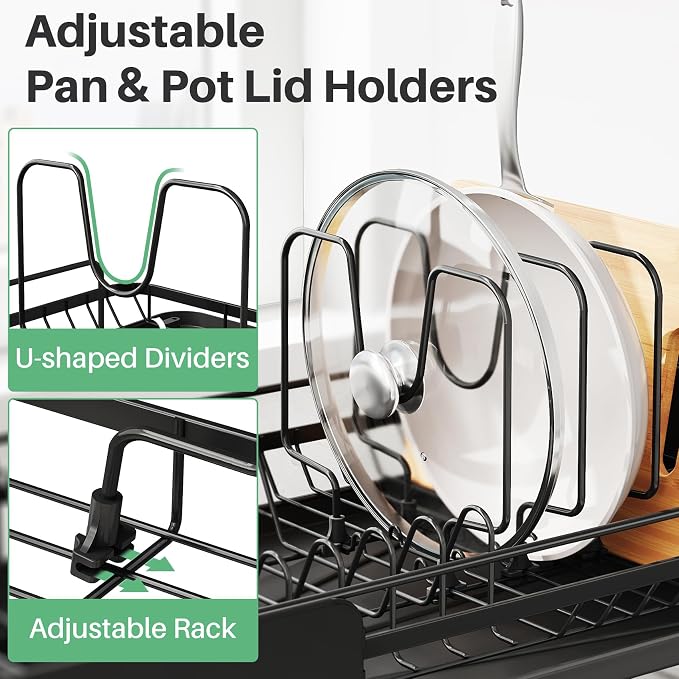 Large Expandable Dish Drying Rack for Kitchen Counter, 19.3-29.4 in, Black | Family Size Capacity, Adjustable Dividers for Pan, Lid & Cutting Board, Stainless Steel, Rotating Spout, Utensil Holder