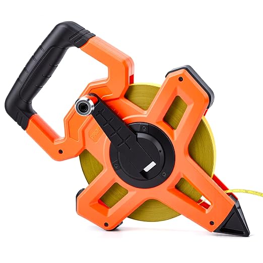 200ft/61m Open Reel Long Steel Tape Measure, 1/2" Nylon-Coated Steel Blade, Dual Inch/Metric Scales, ABS Impact-Resistant Case for Construction, Surveying, Orange