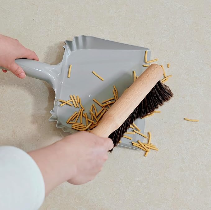 Metal Dust Pan and Brush Set Wooden Hand Broom, Handheld Dustpan for Fireplace, Garage, Workshop, 9" Wide