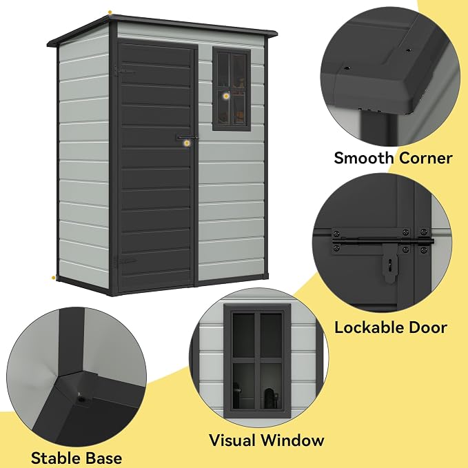 DWVO 5x3 FT Outdoor Storage Shed with Reinforced Floor, All-Weather Resin Storage Shed with Lockable Door & Window, Waterproof Plastic Tool Shed for Garden, Backyard, Patio, Lawn,Blue-Gray+Black