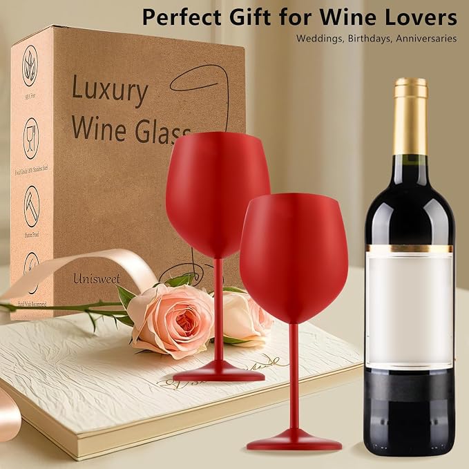 UNISWEET Unbreakable Stainless Steel Wine Glasses Set of 2, Matte Red | 17oz Unique Fancy Metal Wine Goblets, Shatterproof, Ideal for Outdoor, Camping, Travel, Pool, Great Gift for Wine Lovers