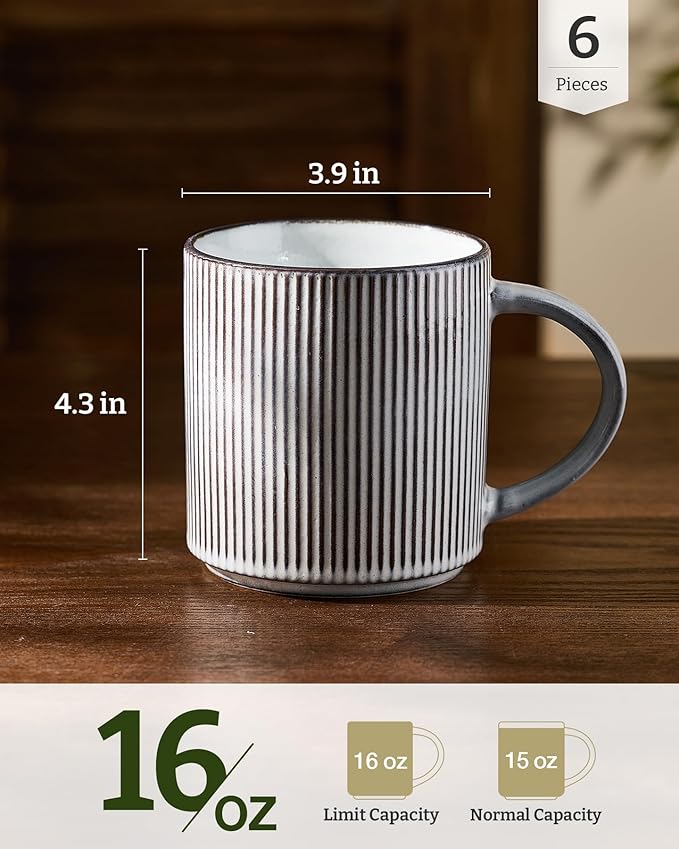 famiware Coffee Mug Set for 6, Star 16 oz Catering Mugs Cup Set with Handle for Coffee, Tea, Cocoa, Milk - Ceramic Stoneware Drinkware Set, Smoky Blue