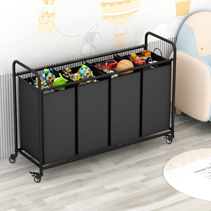 4 Section Laundry Hamper, Black Rolling Laundry Basket, 180L Laundry Sorter | Laundry Room Organization with Heavy Duty Rolling Lockable Wheels and Removable Bag, Bedroom Laundry Cart for Clothes Storage