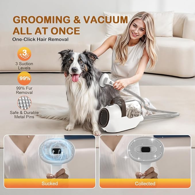 Dog Grooming Vacuum, Dog Grooming Kit with Pet Clipper Nail Grinder, 3 Suction Modes Dog Brush Vacuum with 6 Pet Grooming Tools（Nut Brown）