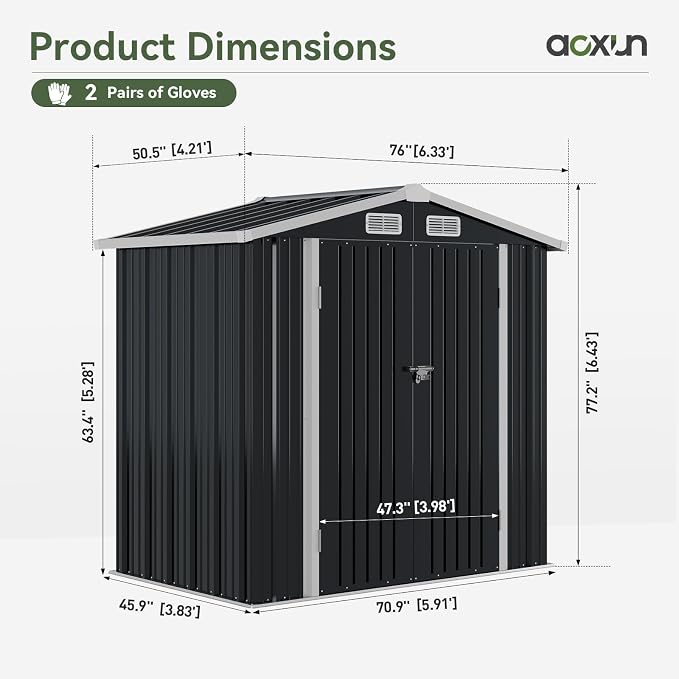 Aoxun 6.2x4 FT Shed Outdoor Storage Shed, Black | Metal Shed with Lockable Doors & Slooping Roof Garden Tool Shed for Backyard, Patio, Poolside