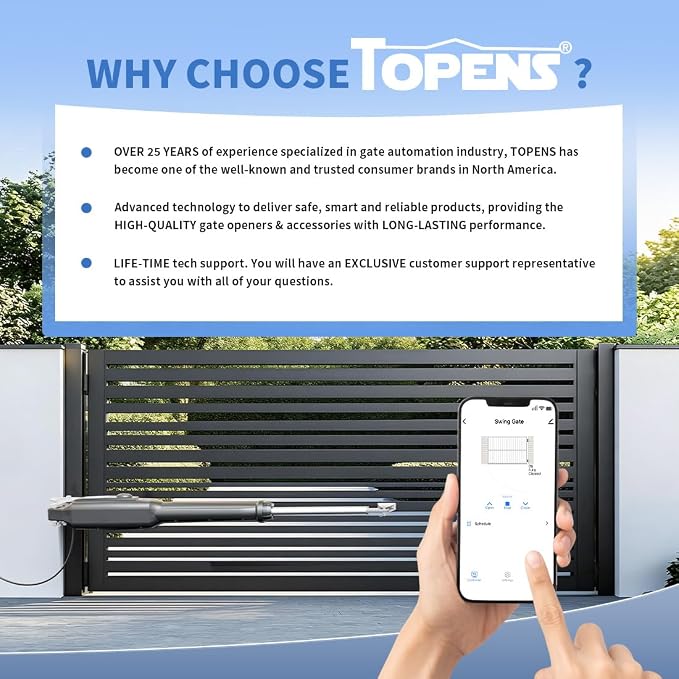 TOPENS XD551 Smart Gate Opener for Medium Duty Single Swing Gates Up to 18ft, Automatic Gate Opener with App Control AC Powered Remote Control Kit Solar Compatible