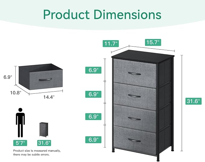AODK Small Dresser for Bedroom with 4 Storage Drawers, Dark Grey | Dressers Chest of Drawers Fabric Dresser with Sturdy Steel Frame, Dressers for Closet with Wood Top