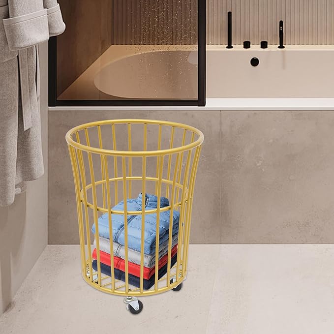 Rolling Laundry Basket with Wheels, Round Barrel Metal Mesh Laundry Hamper Dirty Clothes Basket, Versatile Portable Large Opening Storage Basket for Home, 14.2"×15.7" (Gold-Round Barrel)