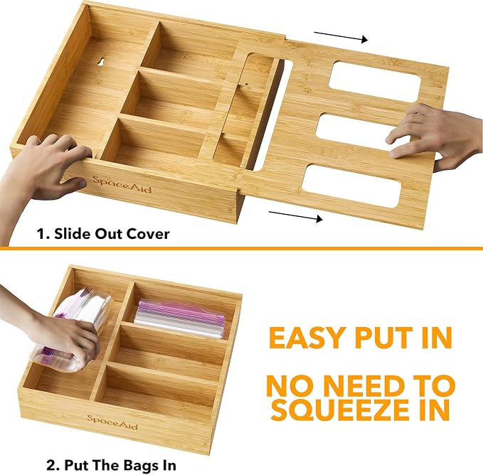 SpaceAid Bag Storage Organizer for Kitchen Drawer, Bamboo Organizer, Compatible with Gallon, Quart, Sandwich and Snack Variety Size Bag (1 Box 4 Slots)