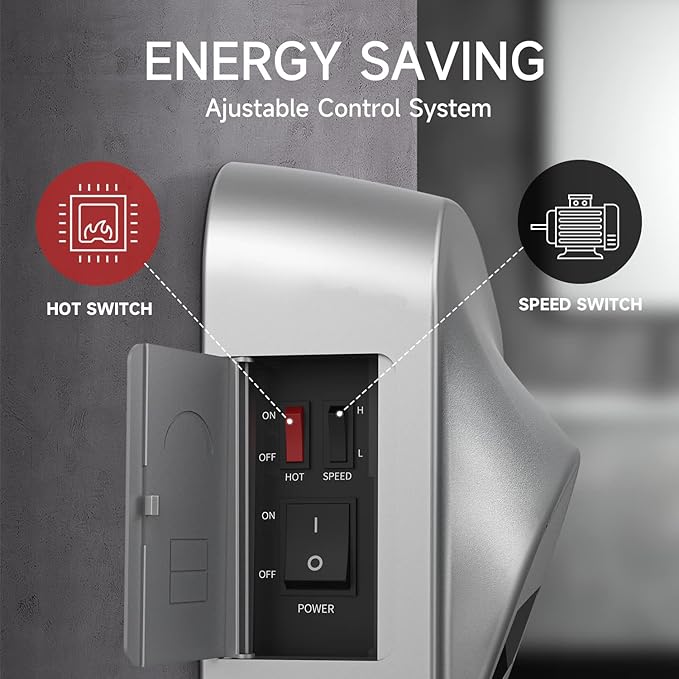 JETWELL Vertical Premium Commercial Hand Dryer- High Speed Jet Air Motor Speed Adjustable with HEPA Filter- Automatic Warm Wind Silver Gray Plastic Cover Hand Blower