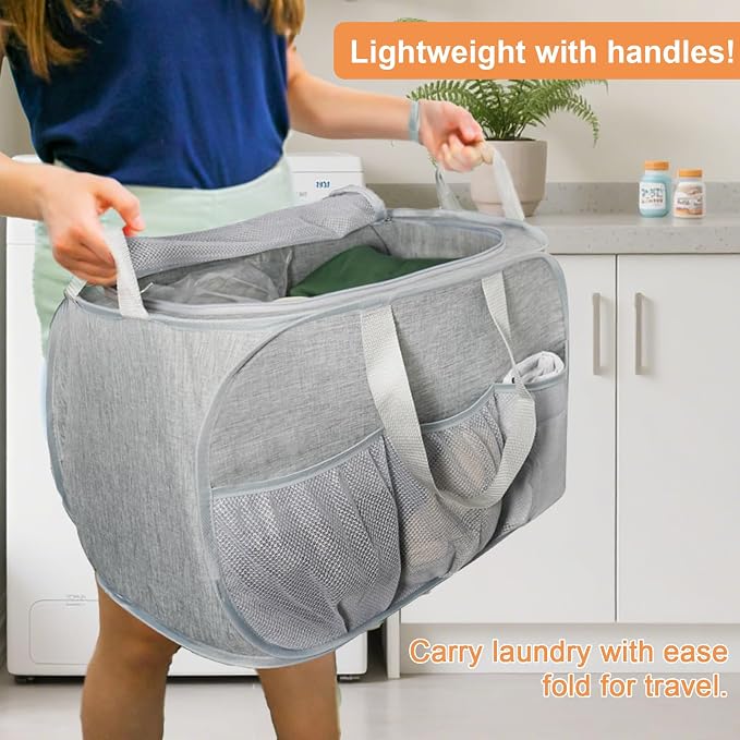 2 Pack Collapsible Laundry Baskets with Lid, Foldable Laundry Basket with Pockets, Pop Up Hamper with Dual Handles, 99L Sturdy Hampers for Clothes, Groceries, Supplies, Tools, Grey