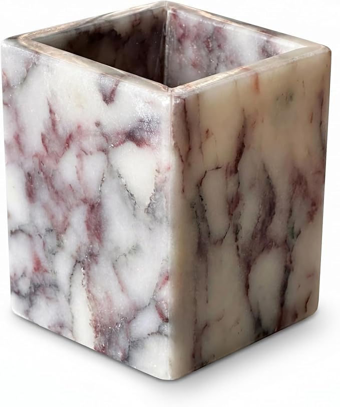Natural Calacatta Viola Marble Pen Holder, Luxury Square Organizer Cup, Multi-Use Hand-Polished Storage for Desk, Bathroom Vanity, Kitchen Utensils & Makeup Brushes, 2.95” x 3.74”