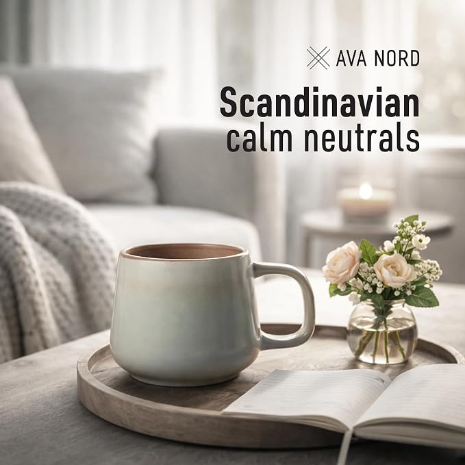 Ava Nord Large Stoneware Ceramic Coffee Mugs Set of 4 | 16 oz | Sage Ash | Lead-Free, Non-Toxic, Freezer - Microwave & Dishwasher Safe, Comfortable Handle, Aesthetic Nordic Design for Latte, Tea