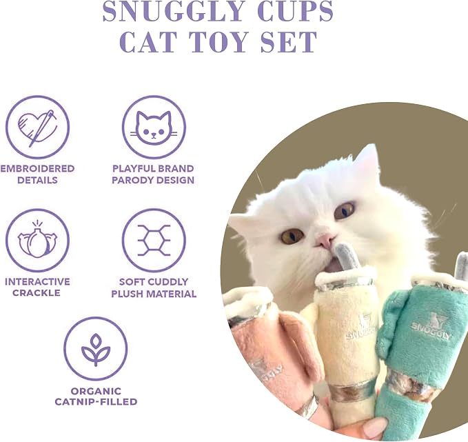 Haute Diggity Kitty Snuggly Cups Set, Plush Cat Toys Catnip Filled with Interactive Crackle Sound, Safe & Durable Toys for Cat & Kitten, 3 Pcs