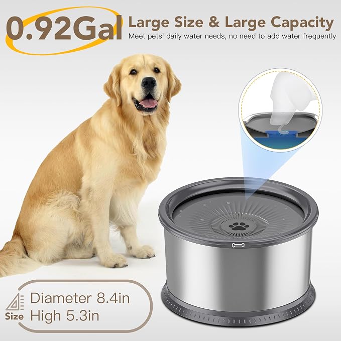 3.5L Stainless Steel Dog Water Bowl, No Spill Water Bowl for Dogs | Large Capacity, Slow Drinking Feeder, Splash Proof, with Anti-Slip Mat, Dishwasher Safe, Sturdy, Suitable for Mess Drinkers